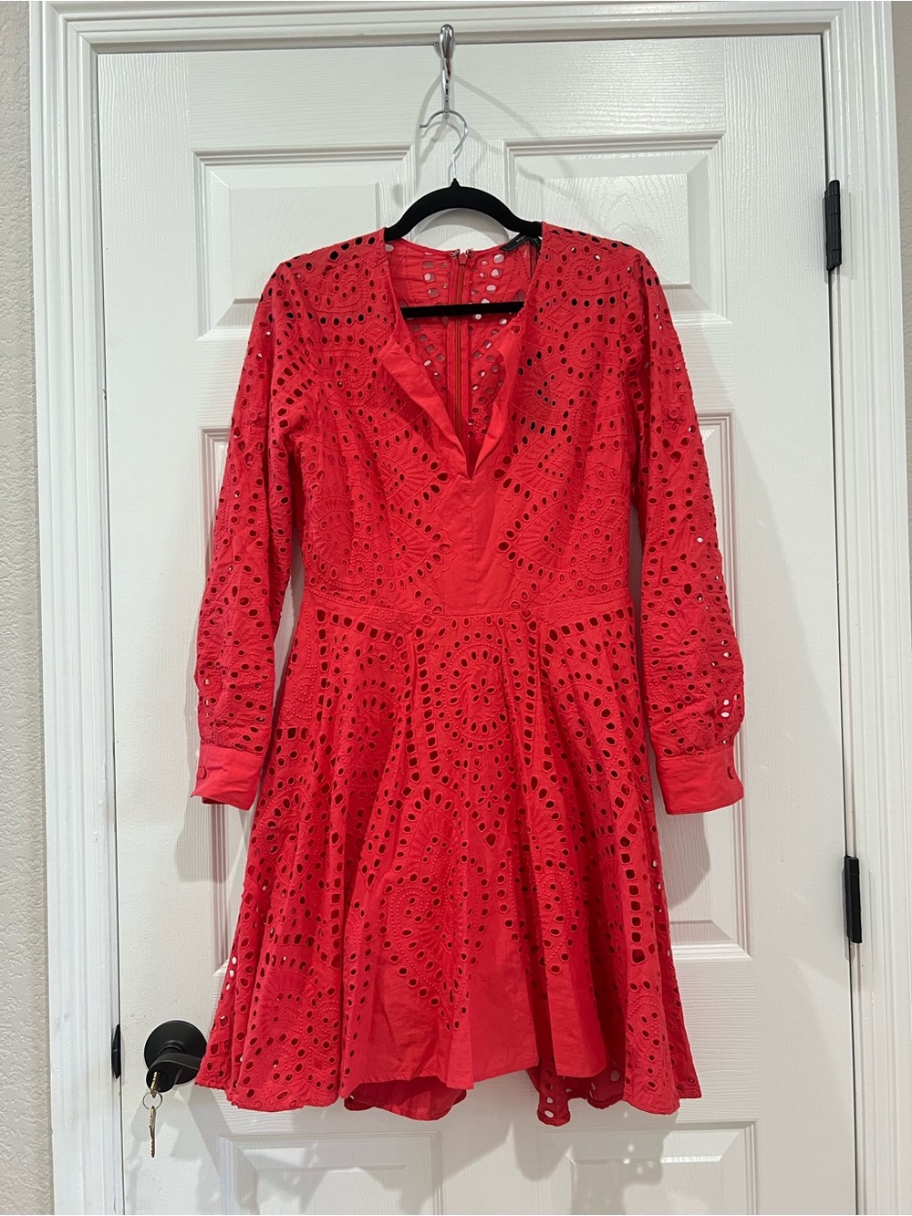 BCBGMAXAZRIA Rocococo Red Eyelet Lace Cotton Fit & Flare Mini Dress Size M NWT